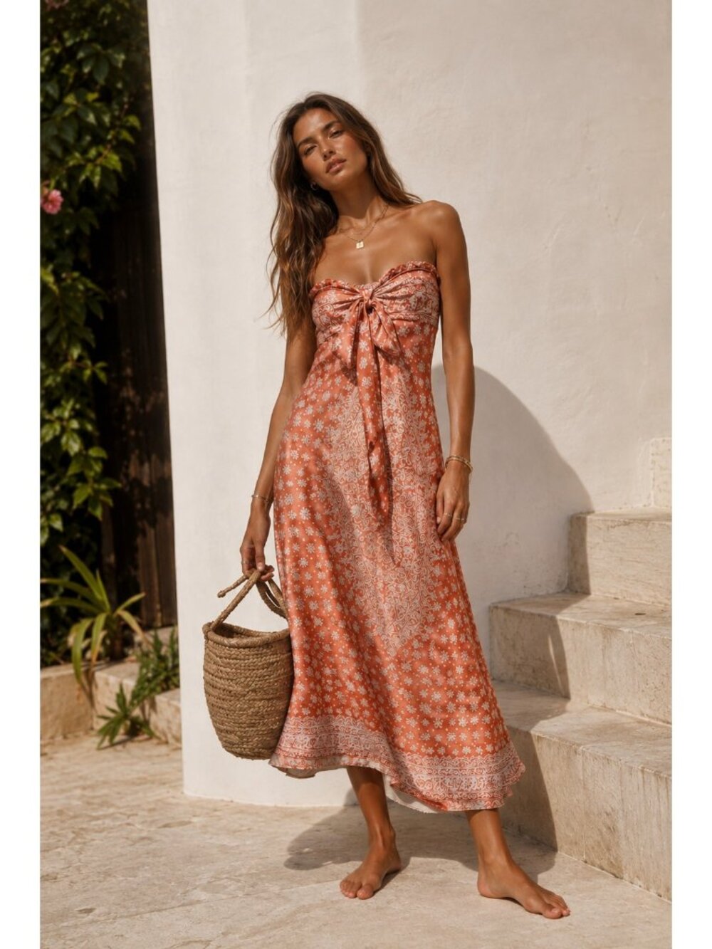 LUX M/L Coral Paisley Floral Strapless Maxi Dress Tie Front Boho Y2K
